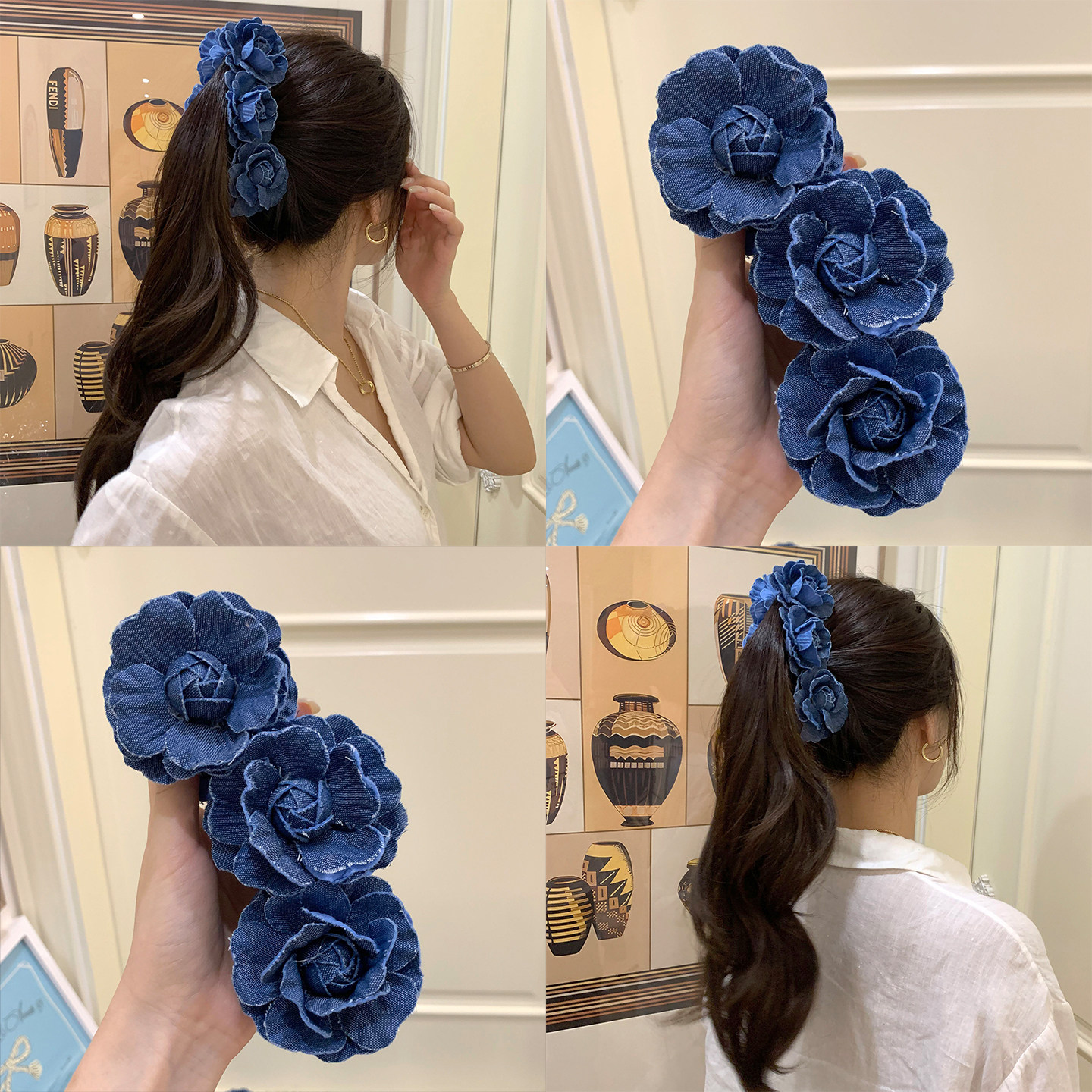 法式denim 韩国牛仔蓝玫瑰花朵香蕉夹大号大发量后脑勺竖夹马尾夹