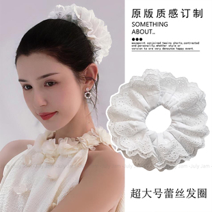 超大号丸子头头花发饰 白色蕾丝大肠发圈新款 高品质 哈妮克孜同款