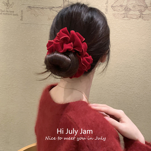 高级定制 满天星新年红丝绒褶皱花苞发圈女高级感气质圣诞节发饰