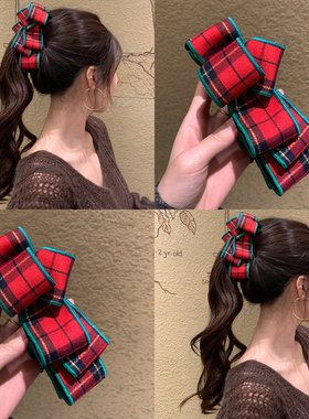 圣诞节限定~ 红色格纹蝴蝶结香蕉夹女高级感气质扭扭夹竖夹马尾夹