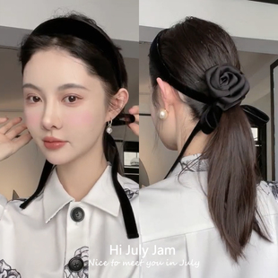 Mona同款 发饰 长飘带头箍女绑发山茶花头绳黑色丝绒发箍2025年新款
