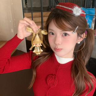 氛围圣诞甜心 红色格纹闪钻雪花小礼帽发夹女圣诞节cos穿搭发饰