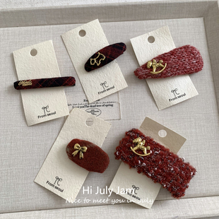 韩国布艺小马发夹圣诞节新年红色格纹刘海夹侧边碎发夹子头饰发饰
