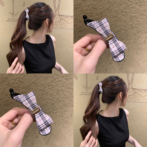 中古小香~ 格纹蝴蝶结香蕉夹女高级感少女马尾夹竖夹老钱风发夹饰