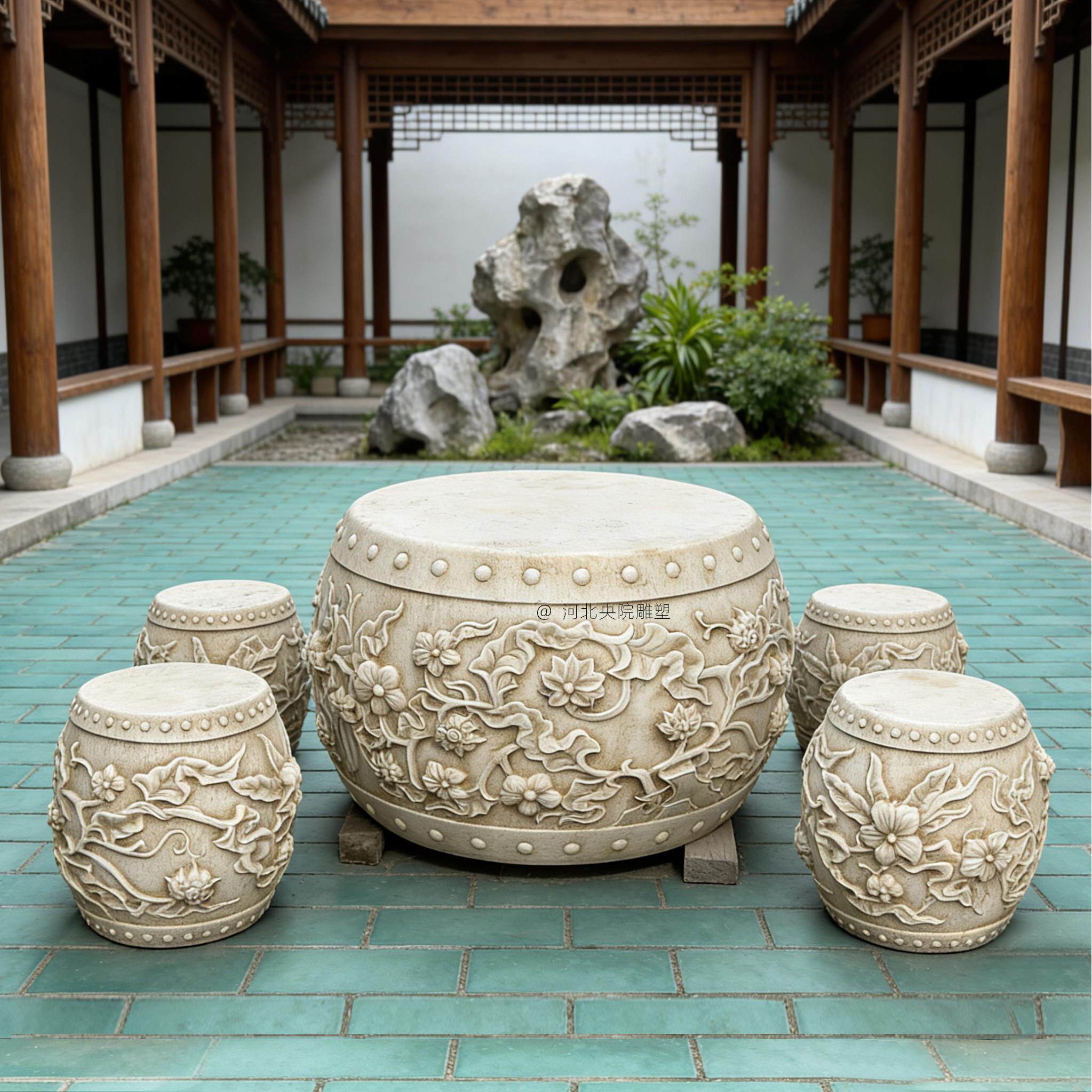 石雕汉白玉花纹石桌 缠理枝石桌石凳 中式复古圆形石桌石墩石凳