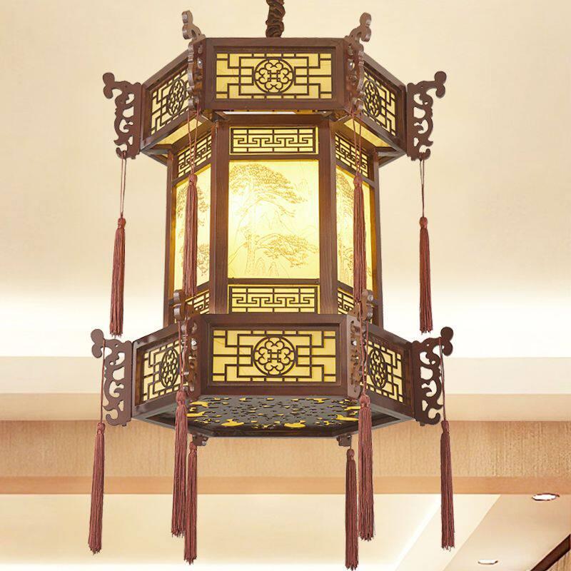 中式实木吊灯饭厅阳台灯具彷古长廊茶楼饭店祠堂红灯笼羊皮灯门口