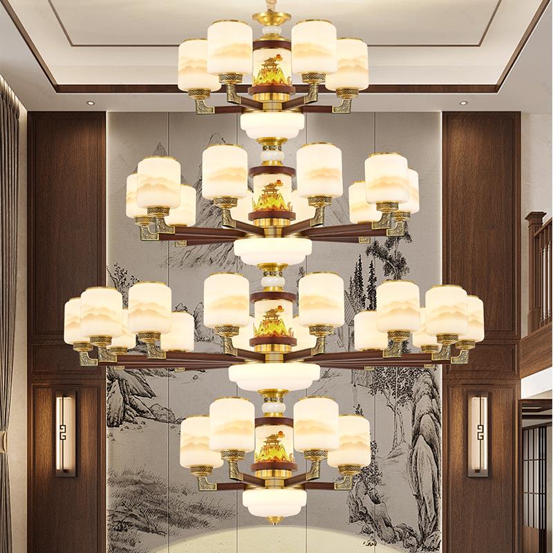 新中式别墅客厅挑空大吊灯全铜实木中国风复式楼中空跃层大厅灯具