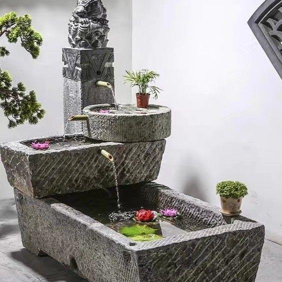 老石槽鱼缸石磨水景组合旧石头花盆养鱼水槽石盆庭院阳台流水摆件