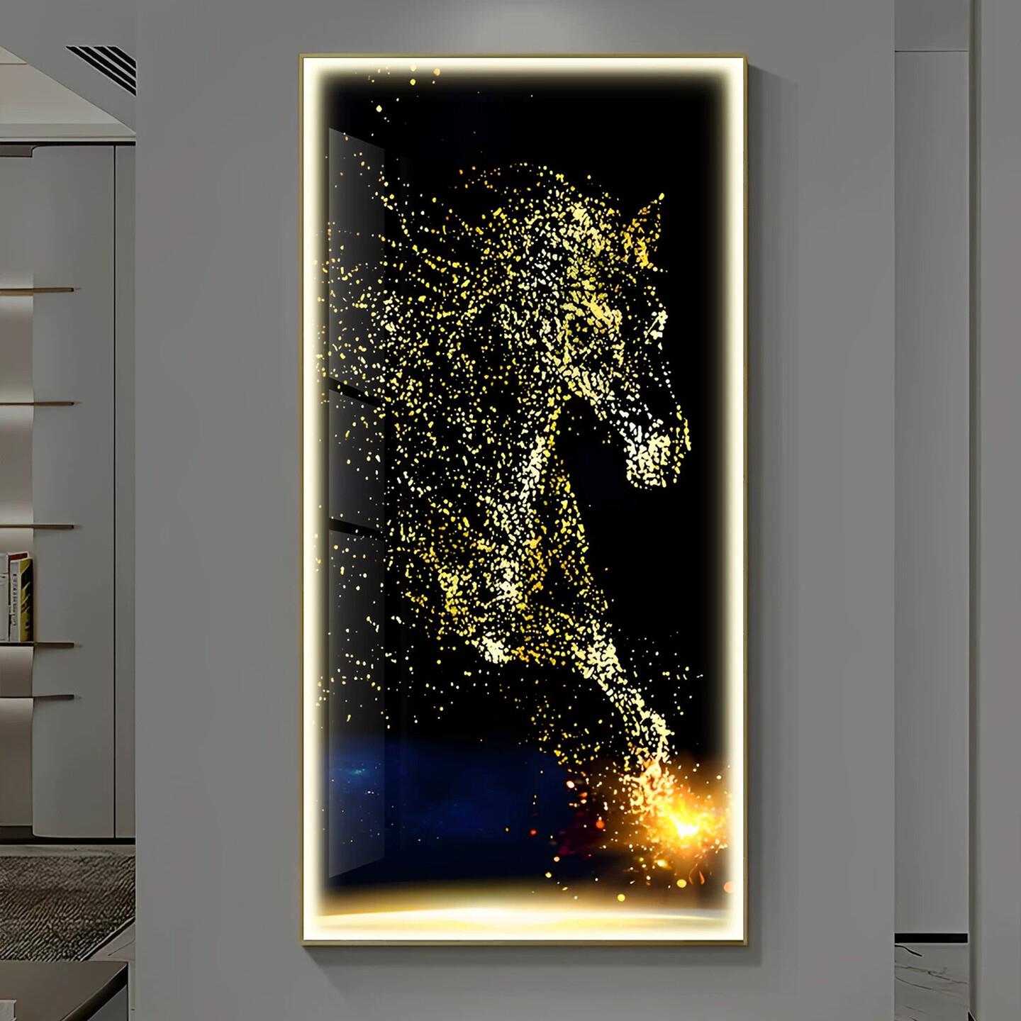 马到成功入户玄关装饰画发光现代轻奢客厅壁画走廊楼梯间骏马挂画