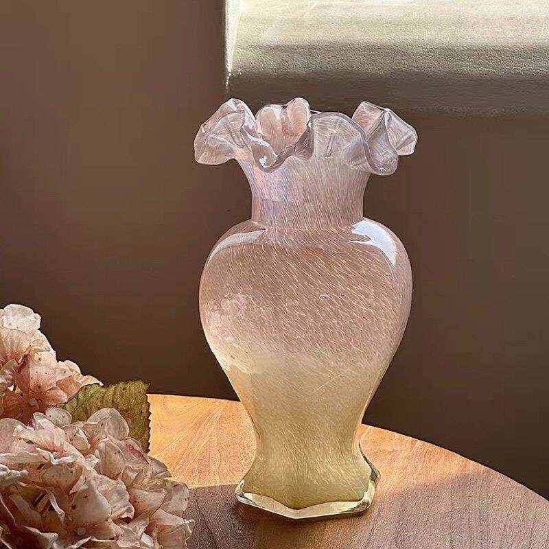 粉色玻璃花瓶 中古琉璃花器 蝴蝶兰插花客厅新家装饰摆件法式ins