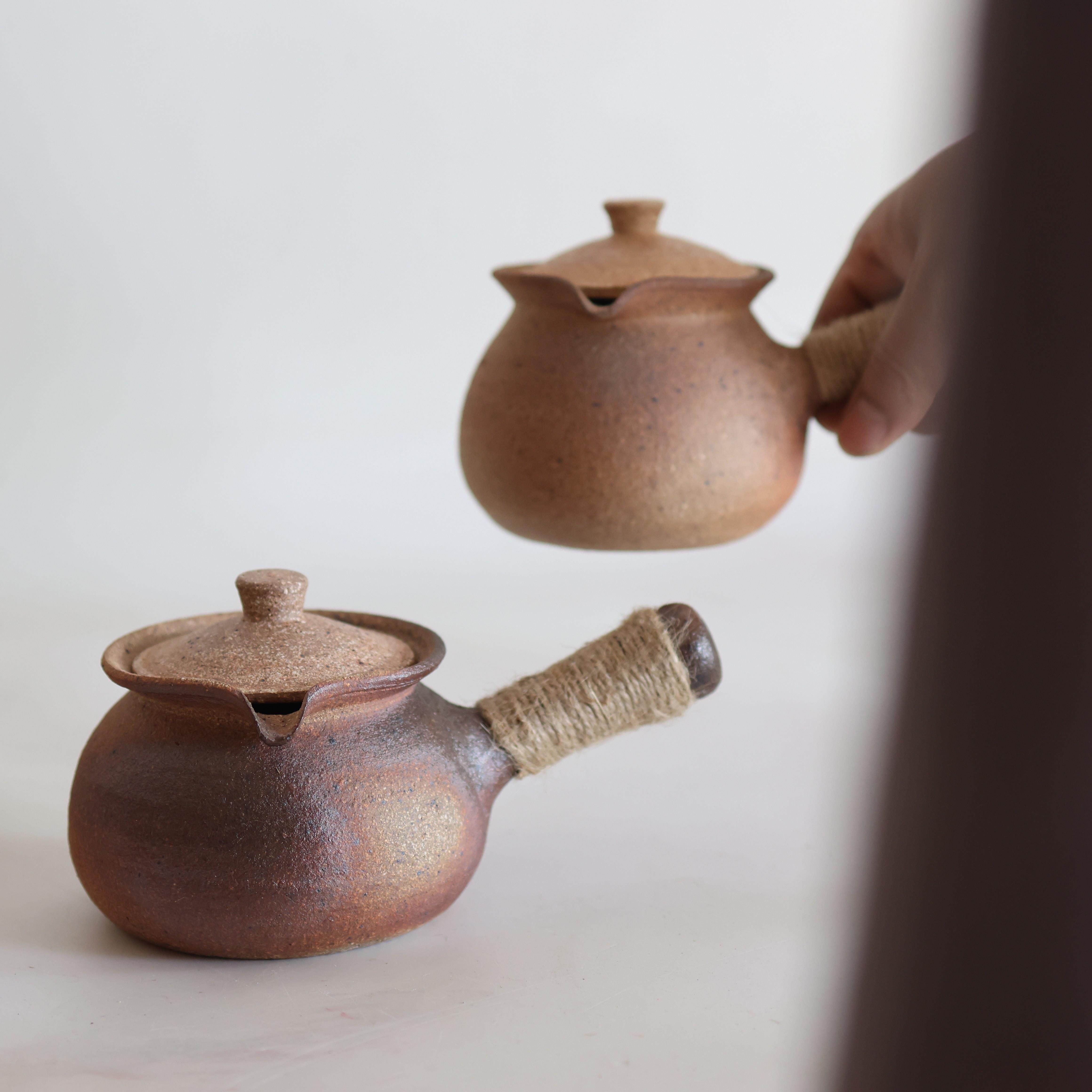 云南手工粗陶侧把烤茶罐烤奶土陶煮茶壶煮茶器公道杯泡茶壶300cc