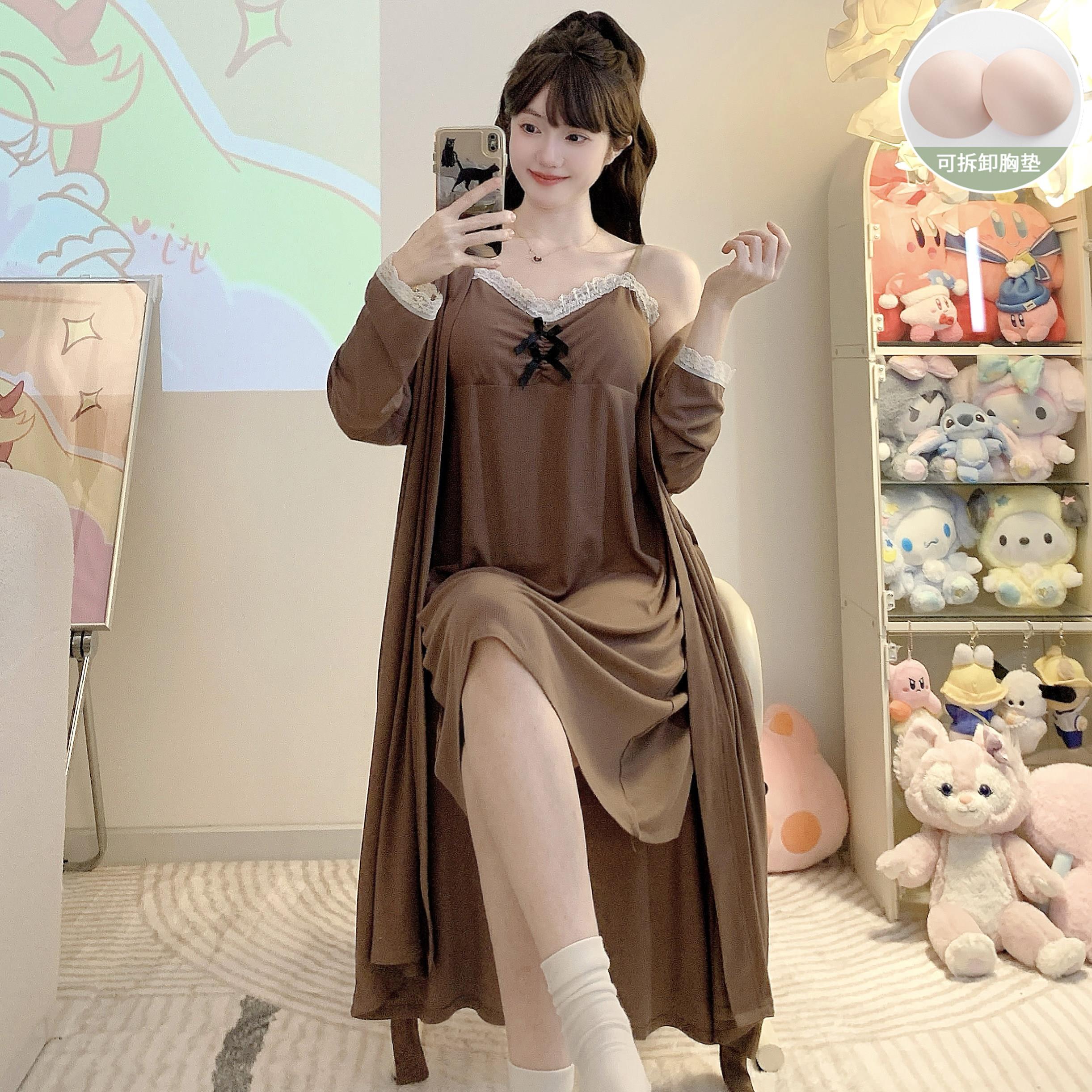 带胸垫睡裙女夏季莫代尔胖MM大尺码200斤吊带睡衣两件套春秋款睡