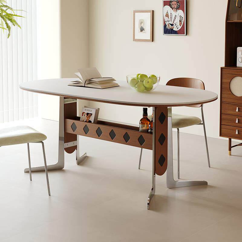 法式中古风纯白岩板餐桌不锈钢1.4米1.6米椭圆形包豪斯创意洽谈桌