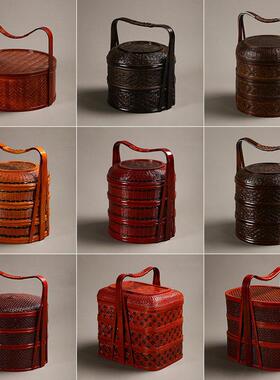 手工竹编提篮覆古食盒带盖子多层送餐篮户外手提盒野餐篮红色婚庆