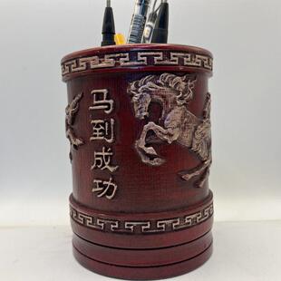 竹雕毛笔筒马到成功高端大气摆件多功能收纳盒插花设计送人有档次