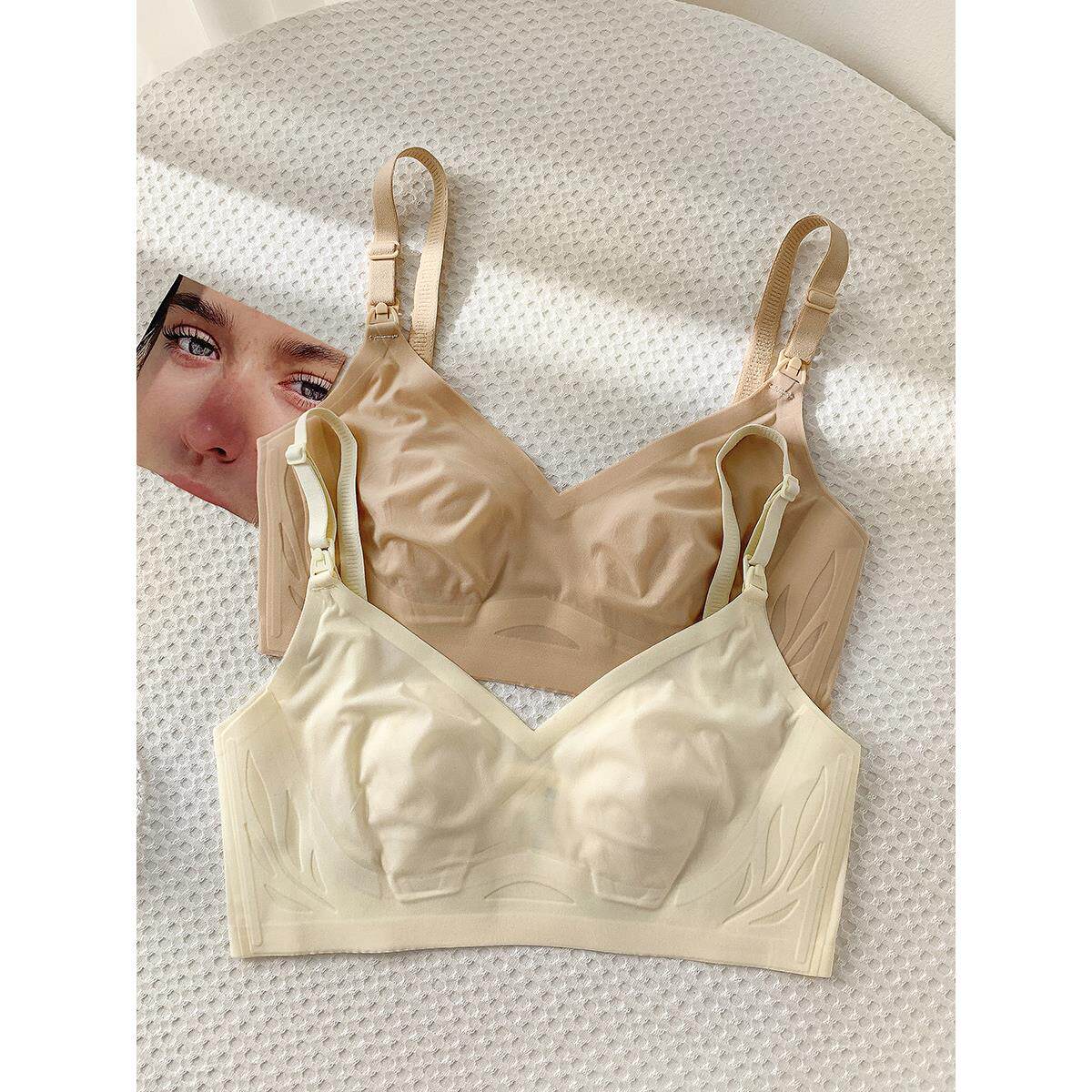 无痕隐形粉底液哺乳孕妇兔耳朵内衣女夏季薄款大胸显小哺乳文胸罩