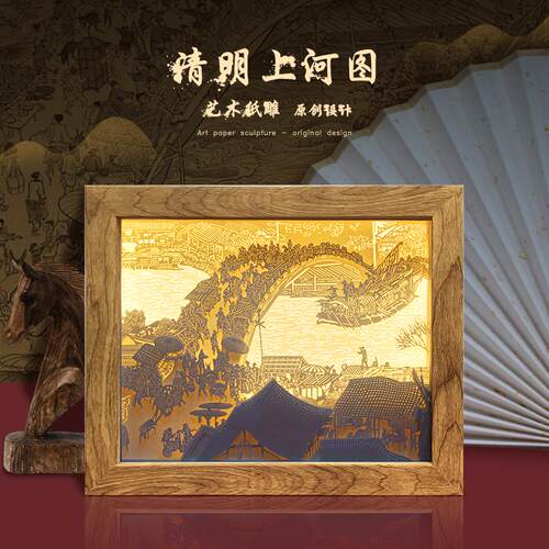 国潮文创清明上河图立体纸质光影纸雕灯3d镂空卧室桌面小夜灯摆件