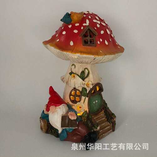 造景装饰摆件庭院花园侏儒精灵蘑菇屋房子树脂工艺品太阳能摆件