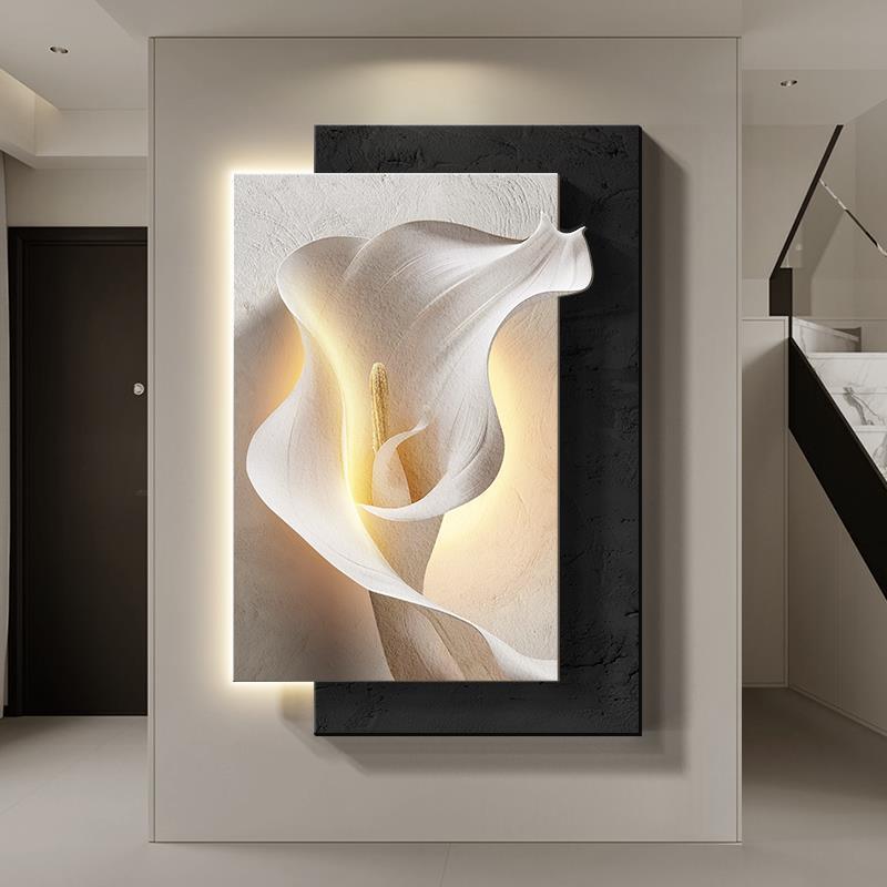 马蹄莲玄关装饰画黑白意式极简高级感走廊挂画浮雕立体砂岩客厅灯