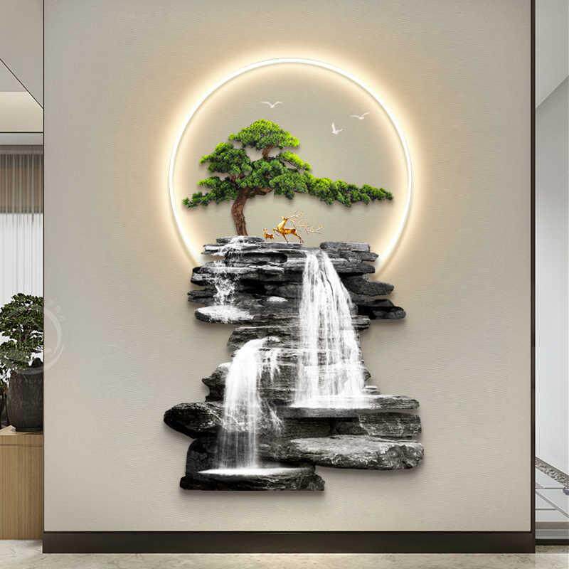 流水生财入户玄关装饰画迎客松招财楼梯灯壁画新中式走廊过道挂画