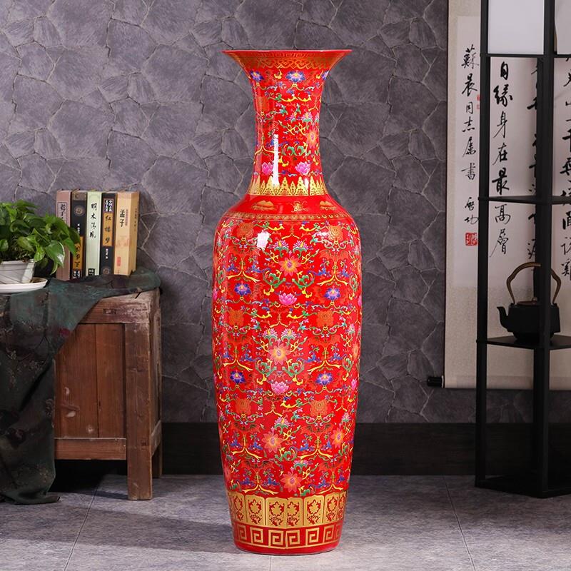 景德镇陶瓷器中国红色落地大花瓶新中式客厅插花装饰玄关摆件大号