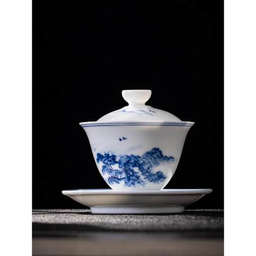 手绘羊脂玉三才盖碗茶杯单个陶瓷泡茶碗青花白瓷过滤公道茶壶茶具