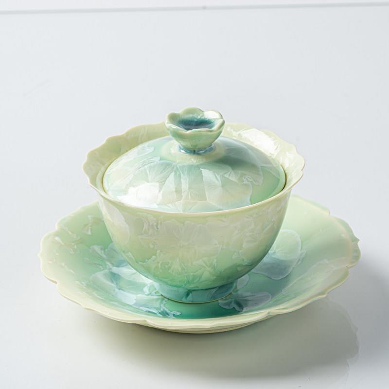 结晶釉青黄渐层三才盖碗窑变陶瓷小清新泡茶碗带盖子功夫茶具送礼
