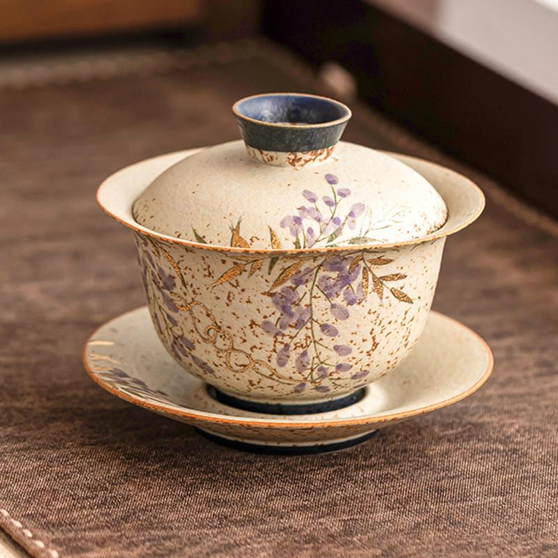 中式青花火石红盖碗茶杯描金手绘紫藤花带盖子泡茶碗三才不烫手