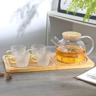 竹木茶盘下午茶玻璃茶杯 耐热玻璃花茶壶加热花草茶具水果茶壶套装