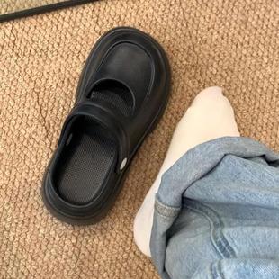 黑色百搭防滑简约凉拖 包头拖鞋 女夏季 外穿厚底增高玛丽珍凉鞋 时尚
