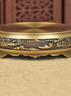 黄铜米缸纯铜香炉莲花山水底座圆形覆古聚财摆件家居小铜器工艺礼