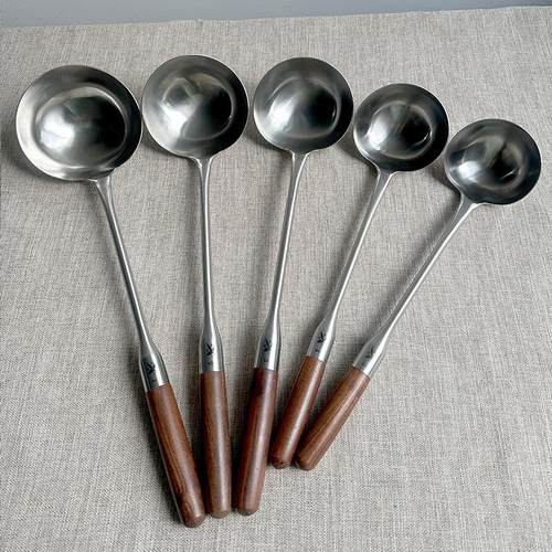 304不锈钢厨师专用炒勺木柄锅铲饭店炒勺家用手勺大汤勺商用大壳