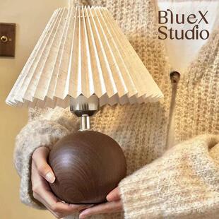 台灯床头灯卧室百褶覆古实木书房起夜夜灯温馨浪漫桌面装饰氛围感