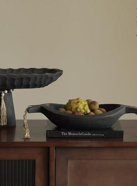 栗石侘寂中古实木托盘黑色果盘摆件客厅餐厅桌面高级感艺术高足盘