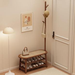 实木藤编换鞋凳挂衣架一体家用门口可坐鞋柜穿鞋凳子入户门衣帽架