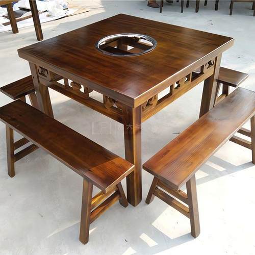 商用实木火锅桌子无烟大理石电磁炉一体火锅店桌椅组合专用火锅卓