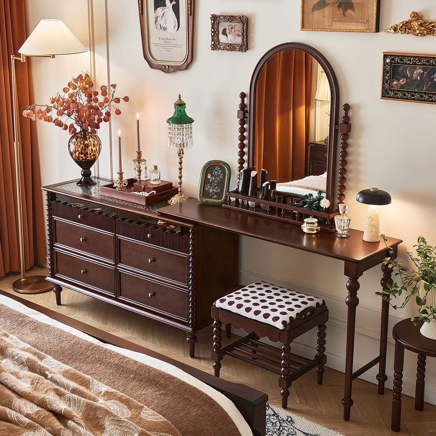 一具一家法式复古风梳妆台斗柜一体可旋转全实木卧室收纳柜化妆桌