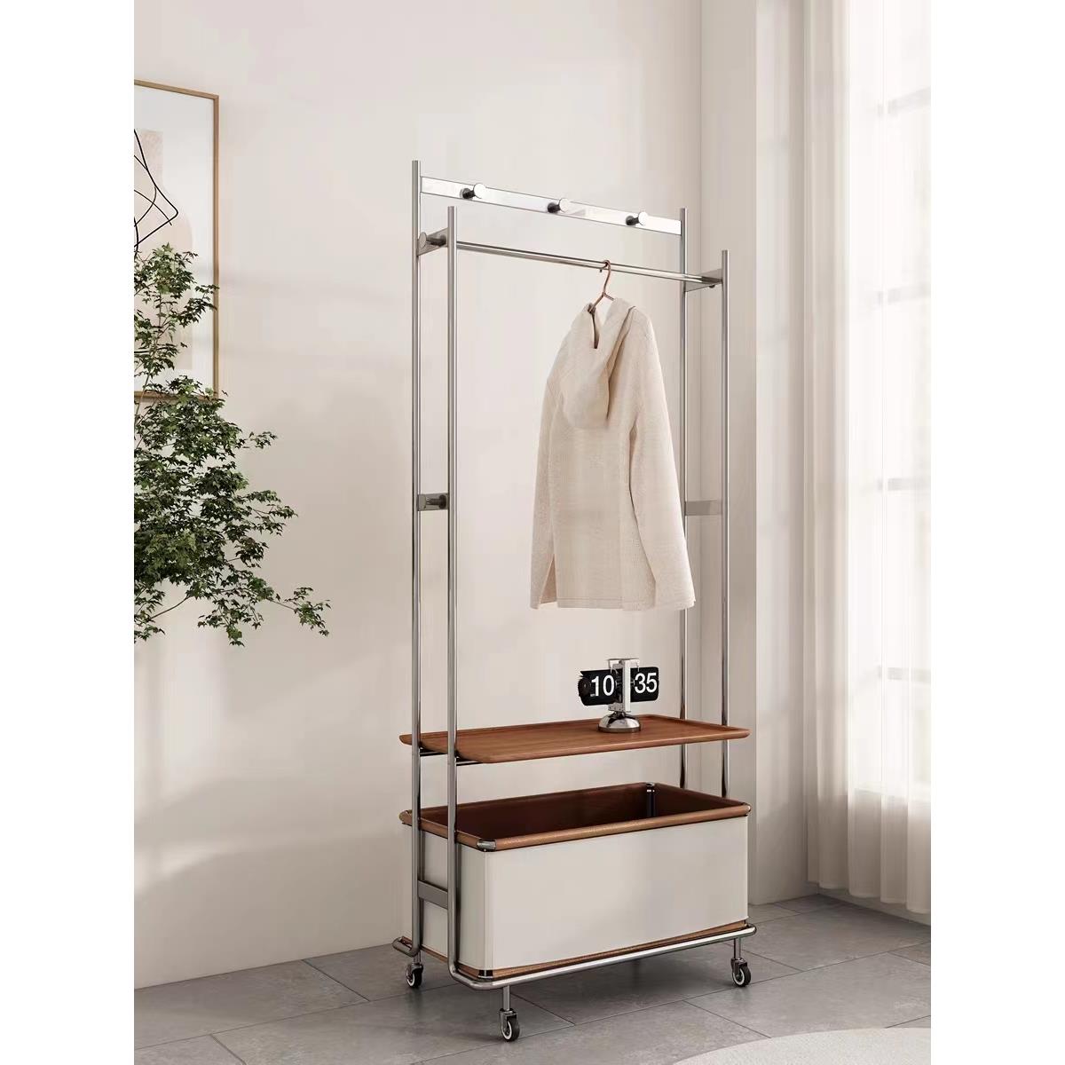 不锈钢挂衣架实木可移动落地衣帽架小户型多功能卧室置物架子中古