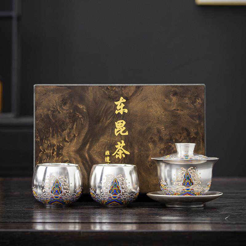 海水江崖鎏银一壶两杯盖碗小套装功夫茶具高档送父亲教师长辈礼物