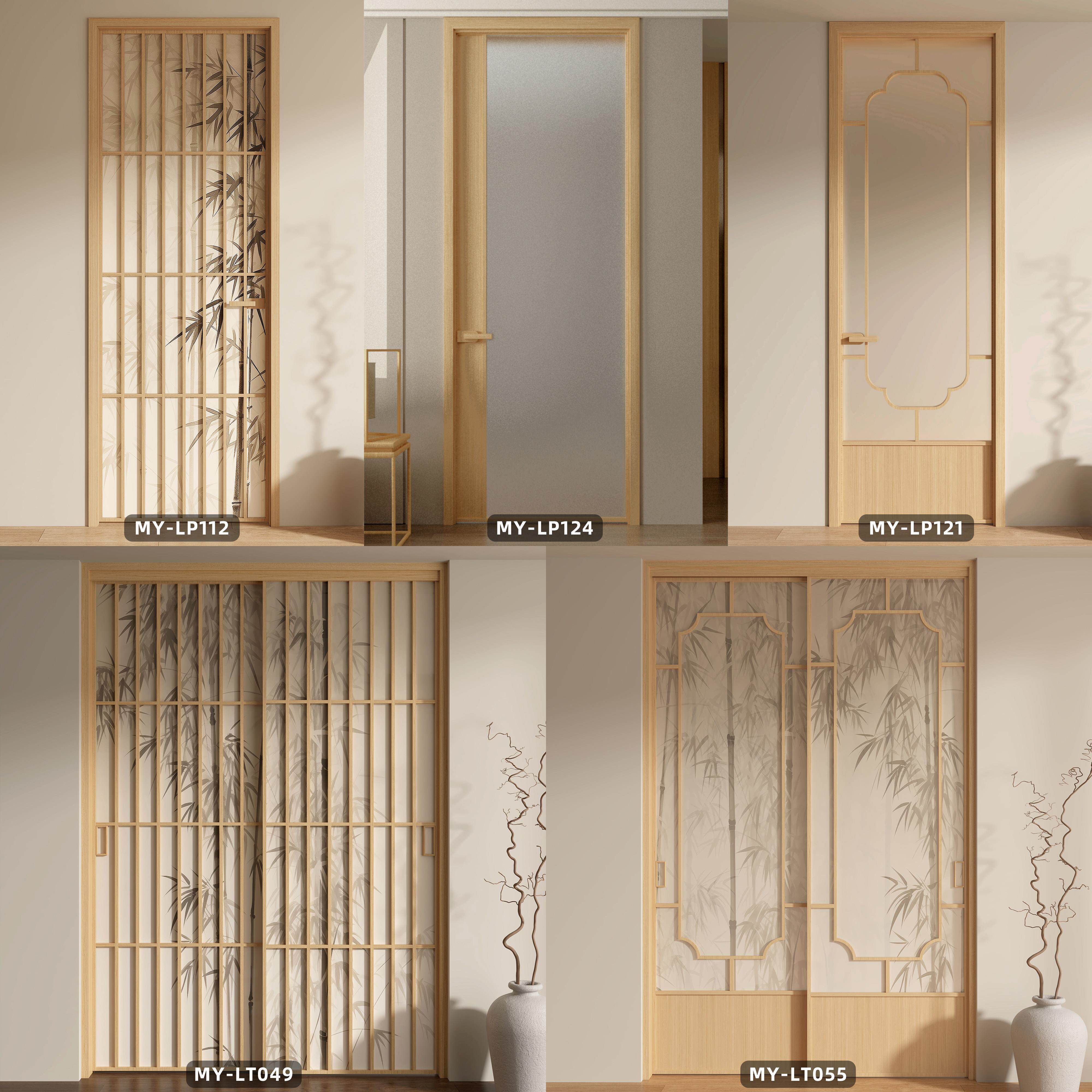 宋氏美学新中式铝合金原木胡桃色卫生间浴室玻璃竹影推拉移门法式