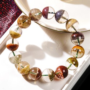 天然水晶四季 幽灵聚宝盆彩幽灵手链红黄绿幽灵单珠彩幽灵男女手串