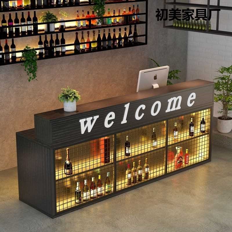 工业风复古收银台酒吧吧台餐厅烧烤店公司前台接待台铁艺柜台转角