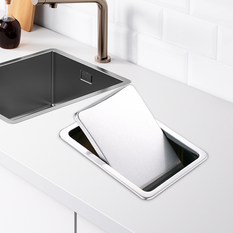 台面嵌入式垃圾h桶家用304不锈钢厨房橱柜灶台桌面水槽隐形清洁桶