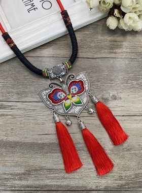 复古时尚民族风刺绣花朵项链苗族气质风铃流苏吊坠毛衣链百搭配饰