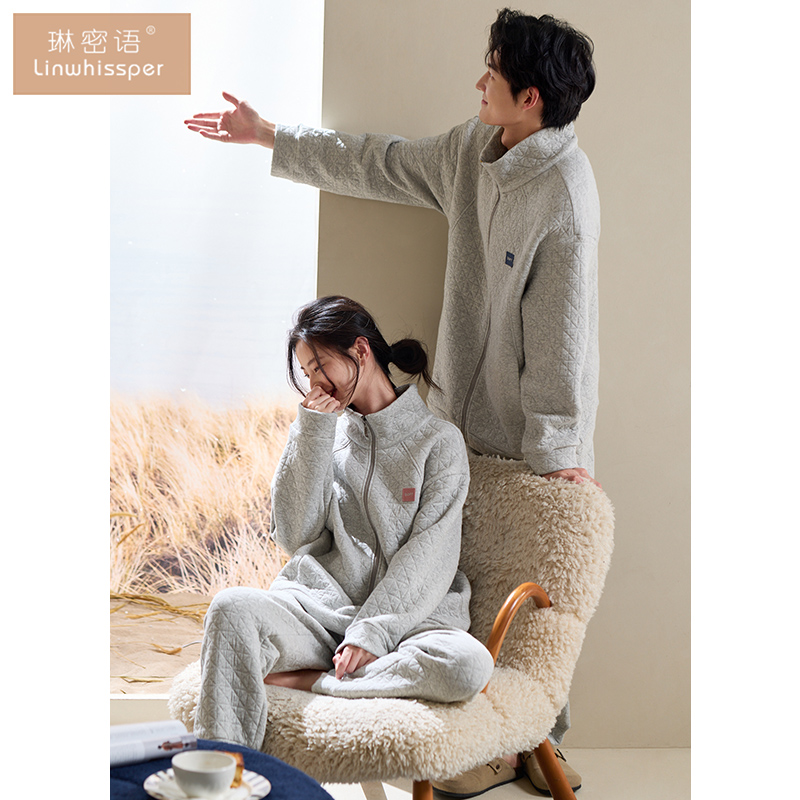 情侣睡衣女冬季纯棉加厚长袖空气棉夹层男士家居服春秋可外穿套装