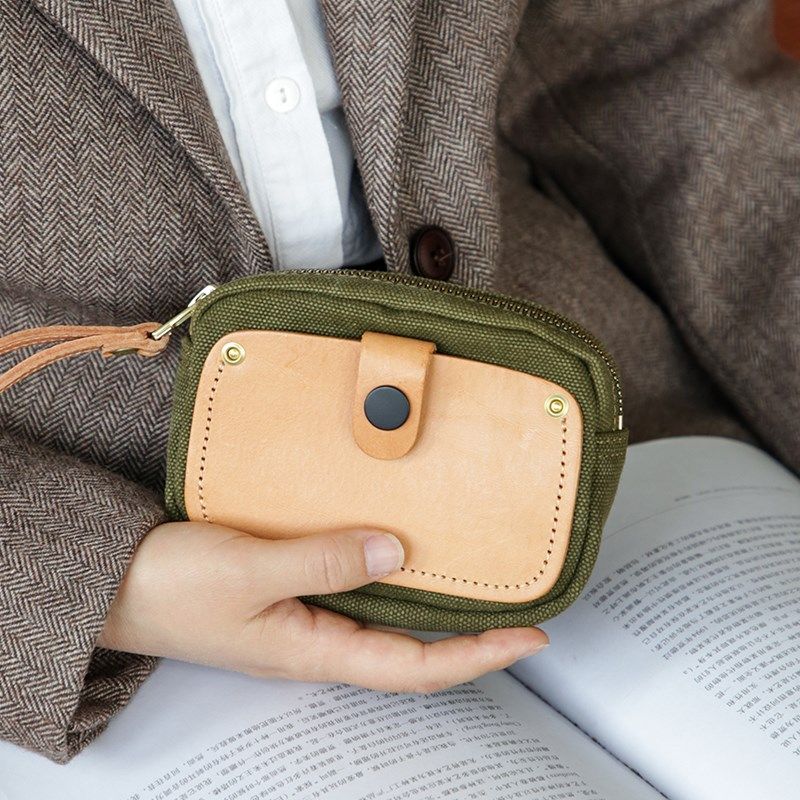 复古手工真皮帆布拼色卡包头层牛皮零钱包钥匙手拿买 菜可携