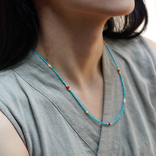 国潮新中式天然原矿高瓷绿松石湖北蓝松极细1.5mm锁骨链多宝珍珠