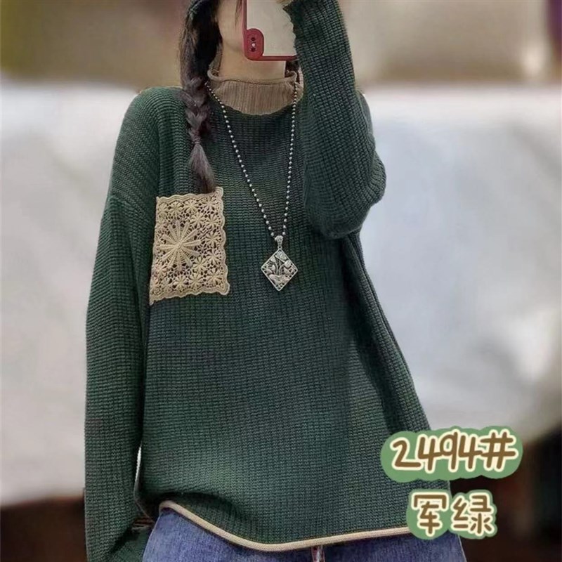 复古半高圆领粗毛m线针织上衣女士秋冬内搭打底衫宽松口袋毛衣