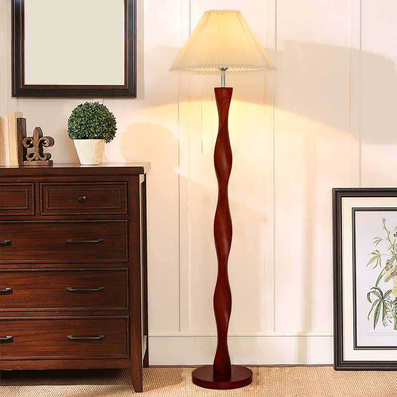 美式复古落地灯客厅沙发卧室床头立式百褶胡桃木色中古南洋风台灯