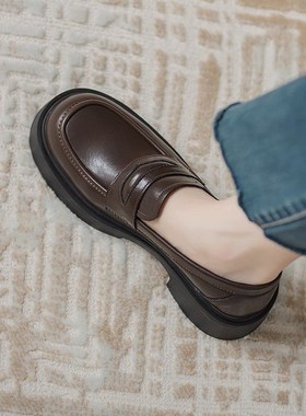 乐单21104福鞋女20学24春季款新厚底一脚蹬院鞋增高小皮鞋英伦风